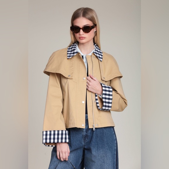 Avec Les Filles Jackets & Blazers - Avec Les Filles 
GINGHAM TRIM COTTON CAPE JACKET